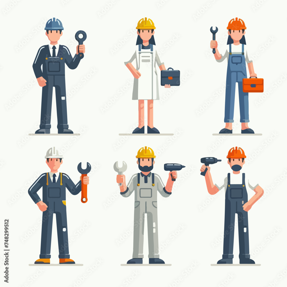 Vector set of factory workers with a simple and minimalist flat design style