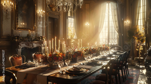 A room with a long dining table lined with chairs, topped by a sparkling chandelier hanging from the ceiling