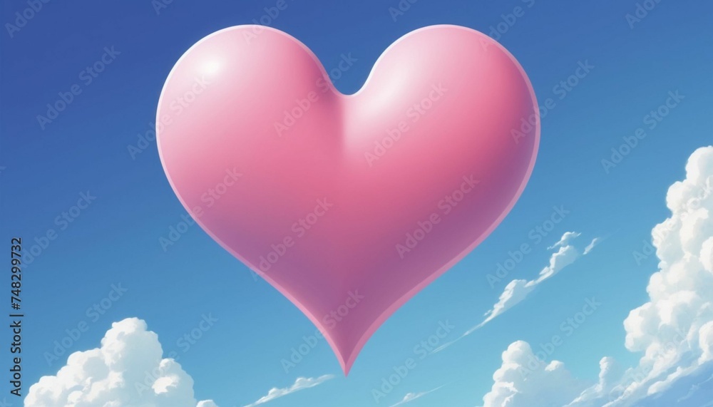 Anime-style illustration of a pink heart symbol floating in the blue sky created with generative ai	