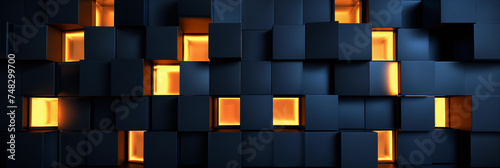 Series of blue blocks arranged in a pattern, with some blocks slightly protruding outwards. Warm, orange light emanates from the spaces between certain blocks