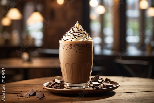 A close-up shot of a chocolate cold coffee placed elegantly on a rustic wooden table in a cozy coffee shop.