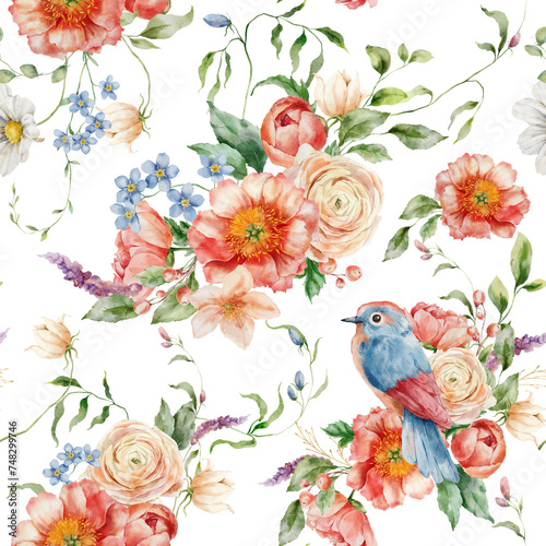 Watercolor floral seamless pattern of peonies, forget-me-not, ranunculi and song bird. Hand painted composition isolated on white background. Flowers Illustration for design, print or background.