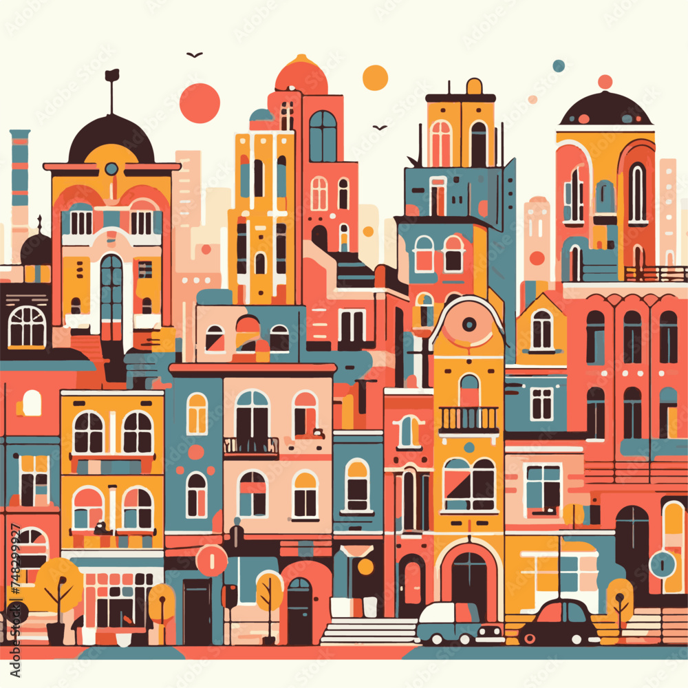 Cityscape with colorful houses. Vector illustration in flat design style.