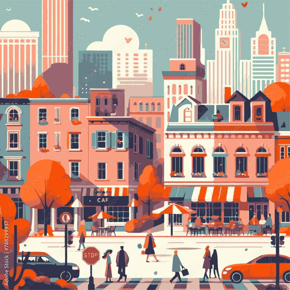 People walking in the city. Urban landscape. Vector illustration in flat style