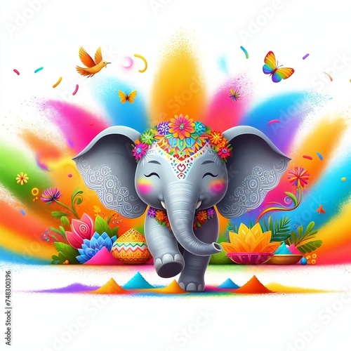 Elephant Happy Holi colorful background. Festival of colors, colorful rainbow holi paint color powder explosion isolated white wide panorama background created with generative ai. photo
