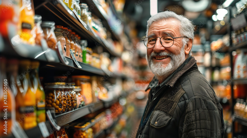 Elderly man in grocery shop or supermarket next to shelves with products, smile and look to camera.