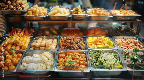 Asian food display at street market 