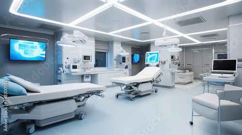 Interior of modern hospital operation room with medical equipment and monitoring screens