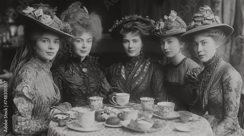 Group photo of women in hats in cafe, vintage photo 1880, 19th century fashion and life style