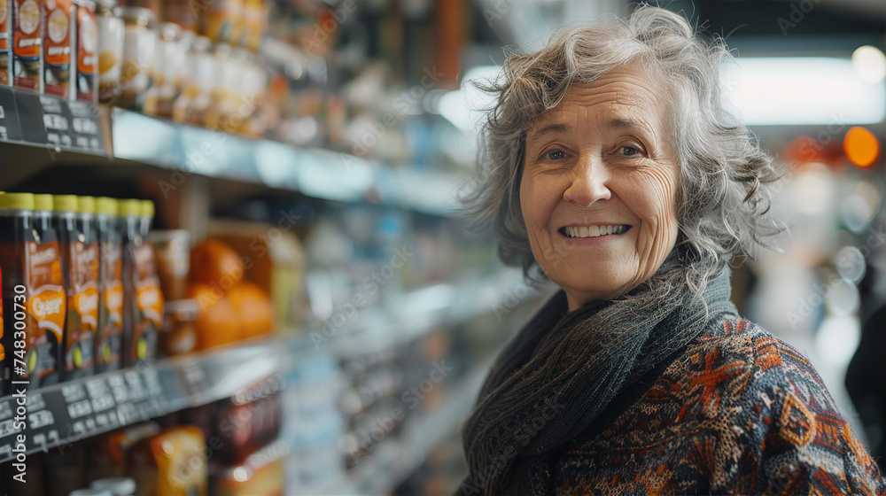 Elderly woman in grocery shop or supermarket next to shelves with products, smile and look to camera.