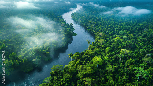 Rain forest and rivers full of water top view, as drone camera photo 