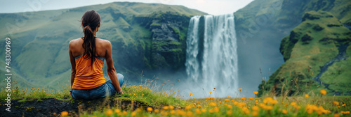 Frau sitzt auf einer Blumenwiese an einem traumhaft schönen Wasserfall, Generative AI photo