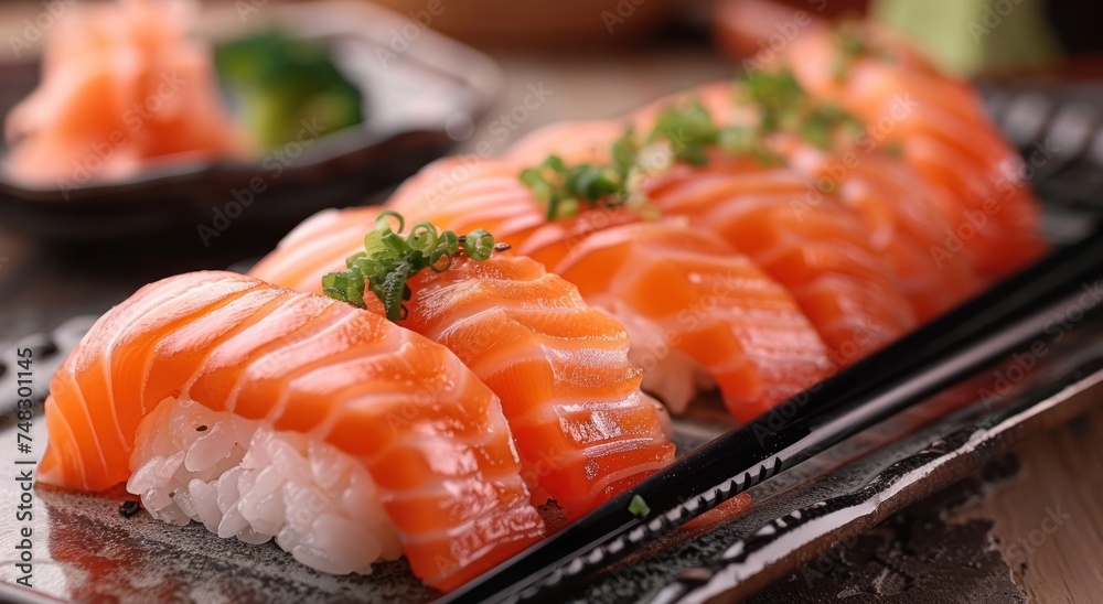 a plate of sushi has salmon and chopsticks a plate of sushi has salmon and chopsticks