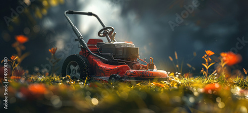 a lawn mower is on a lawn
