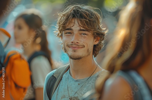 a man wearing a shirt standing with someone outdoors