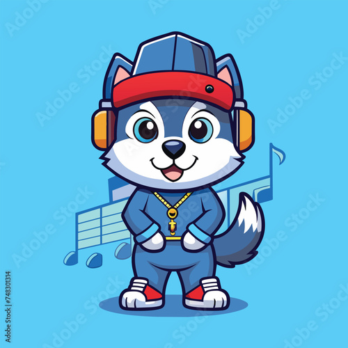 Fototapeta Naklejka Na Ścianę i Meble -  Cute husky wearing headphone vector illustration