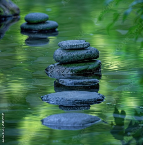 a photo of several black stones sitting on top of reflections of the water