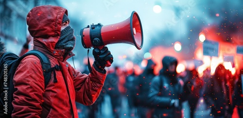 a protestor with an loud megaphone at an event