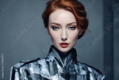 Elegant woman in a textured clothes, captured in a high-resolution portrait that embodies fashion and beauty, perfect for fashion features or clothing advertisements, presented in a frontal view