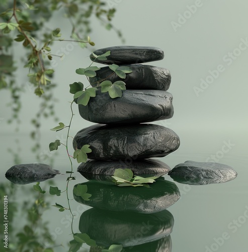 a large stack of black stones reflects water with leaves