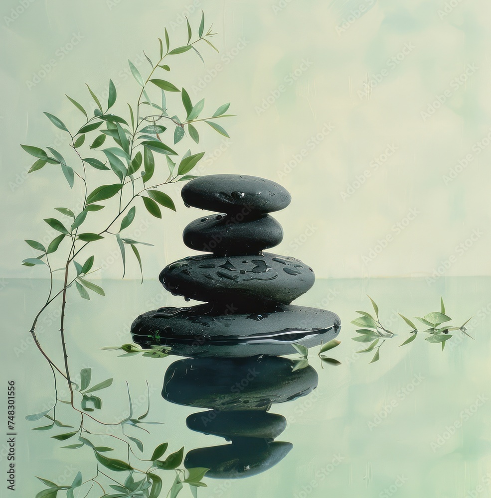 a large stack of black stones reflects water with leaves a large stack of black stones reflects water with leaves