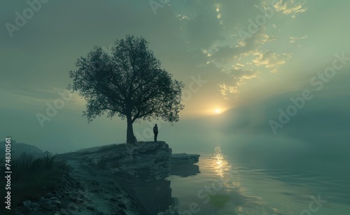 a man standing alone in front of a tree