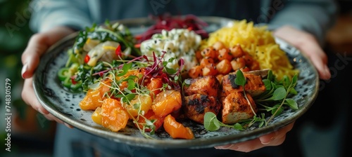 a plate a variety of foods in front of the camera
