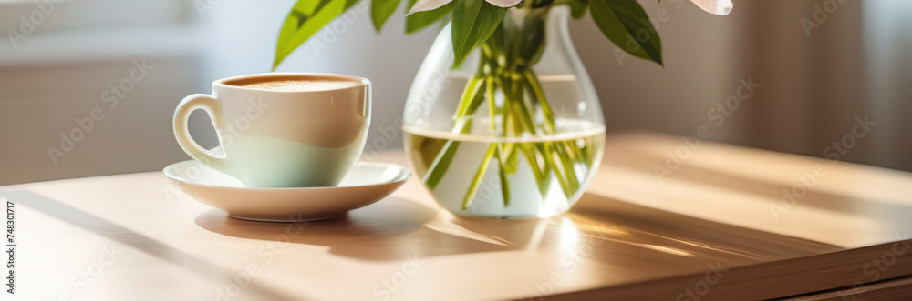 Sunlight morning breakfast cup mug of coffee cappuccino with glass vase flowers on wooden table light comtemporary interrior Sunlight morning breakfast cup mug of coffee cappuccino with glass vase flowers on wooden table light comtemporary interrior