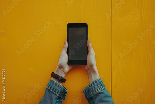 a hand holds the phone with a blank screen in front of a yellow background