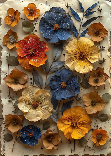 Postcard with real flat-dried exotic flowers