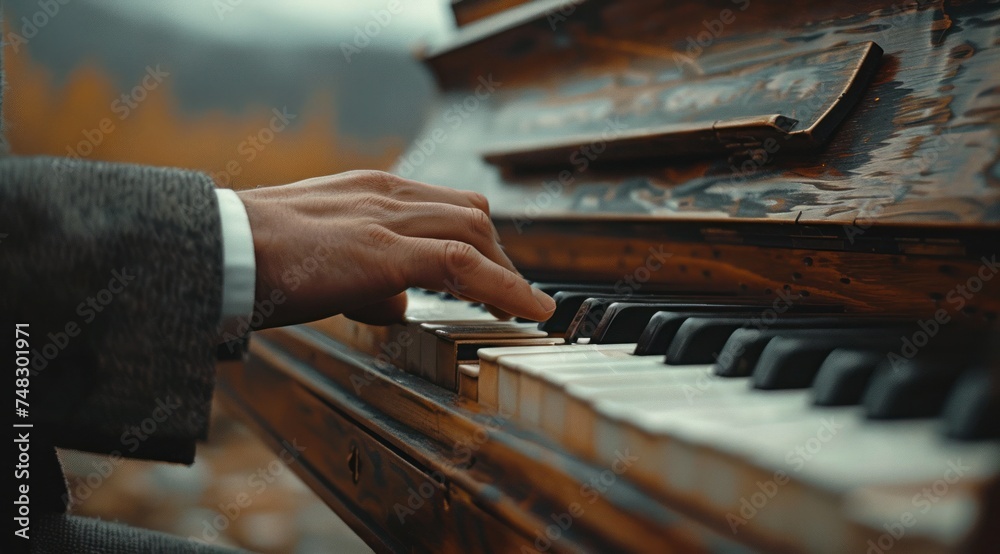 a man in a suit plays an upright piano