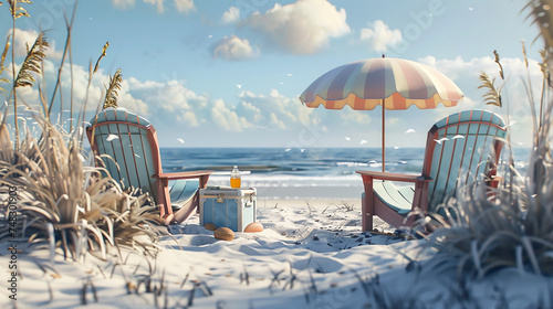 Beach chairs, a beach umbrella, and a cooler filled with drinks, inviting viewers to imagine a leisurely day at the shore.