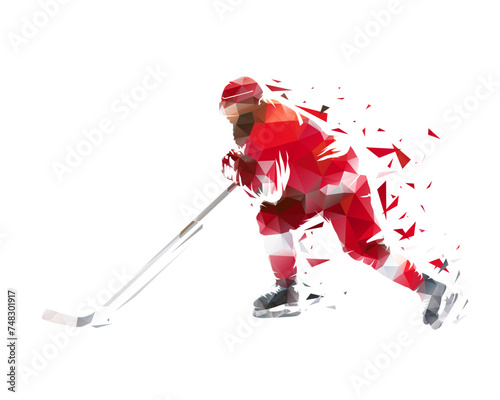 Hockey player in red jersey skating, side view, polygonal isolated vector illustration from triangles. Winter team sport, ice hockey