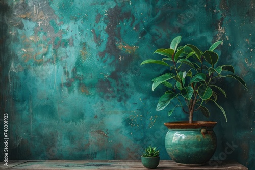 a potted plant in a green bowl with an old wooden desk