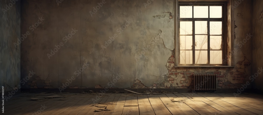A room with bare walls, a window with light filtering through, and a radiator standing against one wall. The space appears unused and devoid of furniture or decorations.
