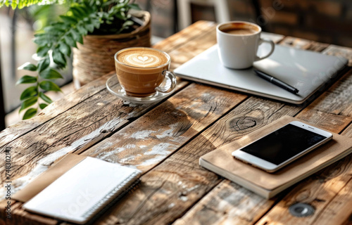 a laptop, smartphone, coffee and a notebook on a wooden table