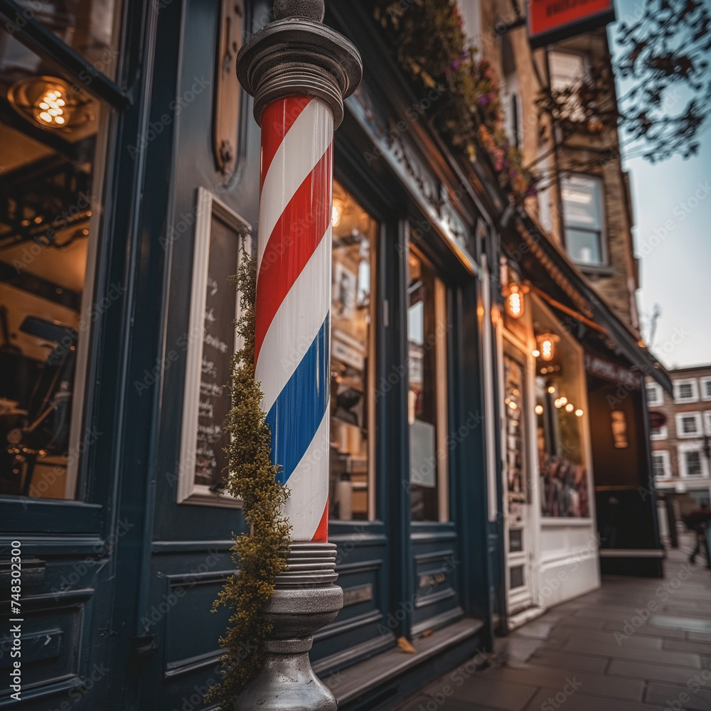 Iconic Red, White, and Blue Barber Pole Spinning Outside a Classic ...