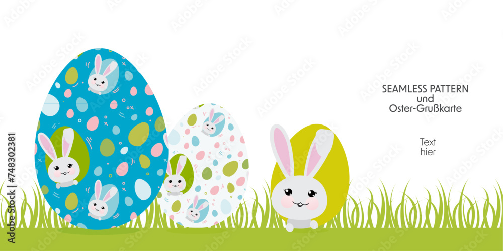 Ostermotiv mit seamless pattern, als Karte oder banner, oder Pattern als Geschenkspapier