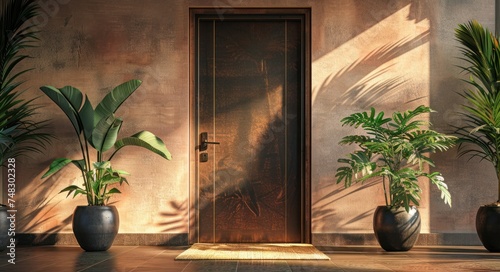 a modern front door with potted plants