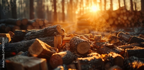a pile of wood cuts are scattered in the woods at sunset