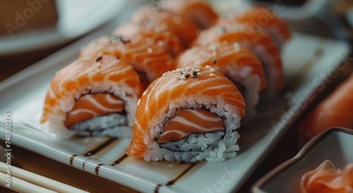 a plate of sushi has salmon and chopsticks