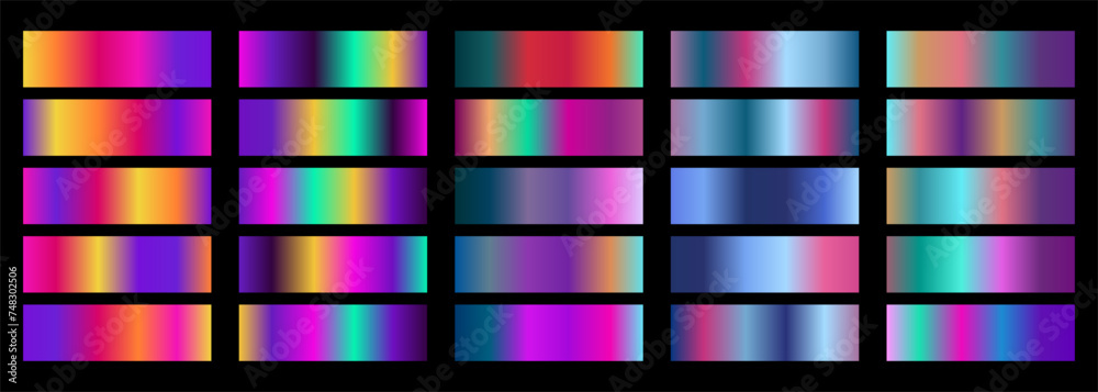 Big set of multicolor gradients. Colorful bright gradation background collection. Colored shiny elegant vector gradient pack for bright button, ribbon, label design. Vector illustration