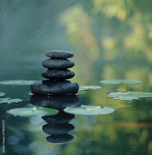 a photo of several black stones sitting on top of reflections of the water