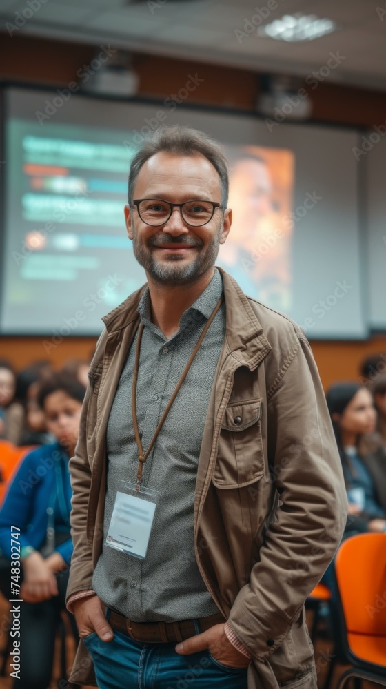 Fototapeta premium A man in glasses standing in front of a crowd. Generative AI.