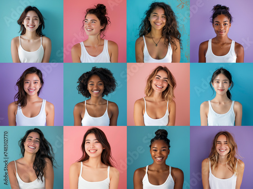 Wallpaper Mural Group of diverse women smiling, featuring different ethnicities and hairstyles, on a grid of vibrant colored backgrounds women day concept Torontodigital.ca