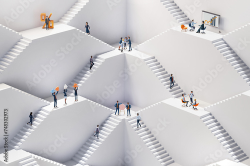 Business people working together  in an abstract environment concept with stairs representing career, growth, success, solution and achievement. 3D rendering