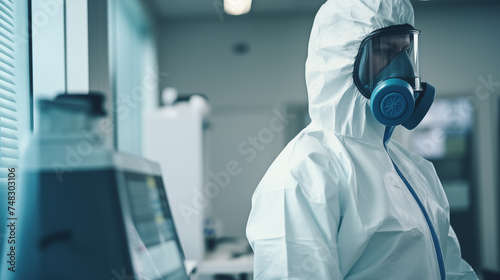 A healthcare professional standing outdoors in a full protective suit with a respirator mask, in hospital building, preparation for a hazardous environment or pandemic response.