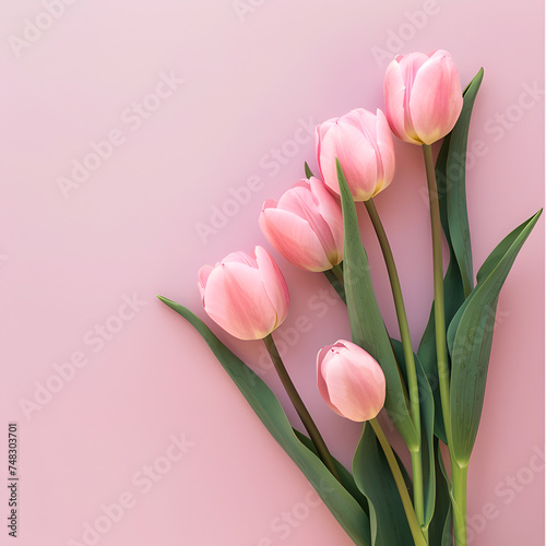 bunch of pink tulips on side of pastel rose colored background with copy space