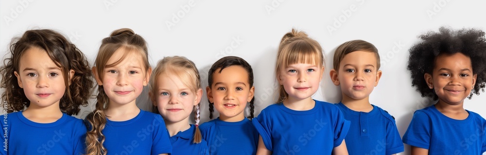 a group of young kids standing happy on white background dressed in blue clothes a group of young kids standing happy on white background dressed in blue clothes