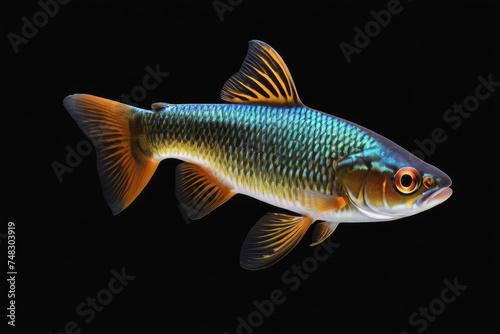 Small blue iridescent guppy fish isolated on black background